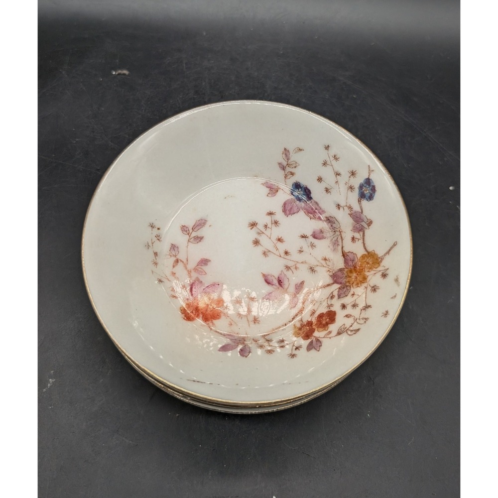 Vintage Floral Porcelain Berry Bowls Gilded Rim Set of 6 White Blue Orange 5"